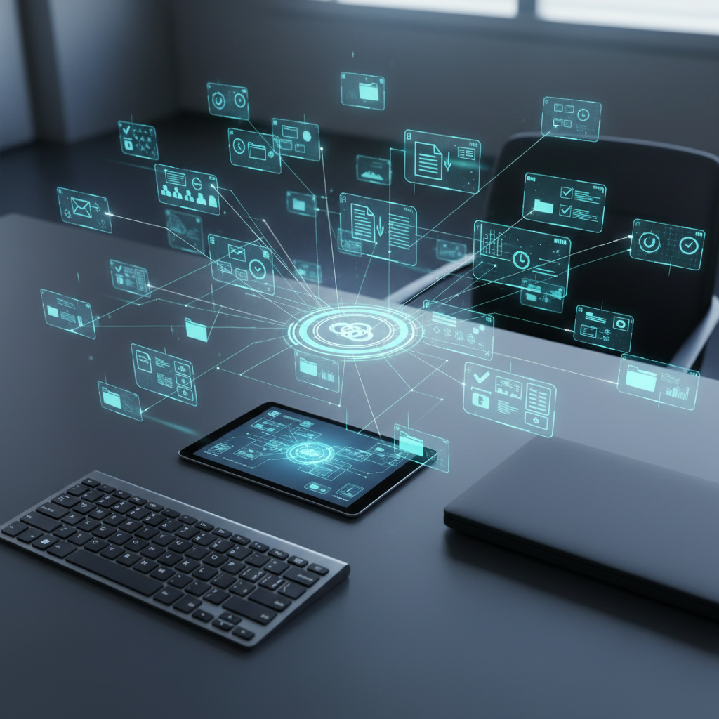An overhead, photographic view of a large, dark graphite desk where dozens of semi-transparent digital panels float above the surface, each panel representing documents, templates, approval stamps, and audit trails, all iconographic with no legible text. Thin glowing lines connect them into a structured workflow that converges toward a central glowing hub labeled only with abstract symbols. The desk holds a brushed metal keyboard, a closed matte-black laptop, and a slim smart tablet mirroring the same document ecosystem. Cool studio lighting from above creates crisp, controlled shadows and subtle highlights on the devices, emphasizing order and governance. The mood is precise, analytical, and enterprise-focused, with a clean, photographic realism that communicates centralized document management and template orchestration.